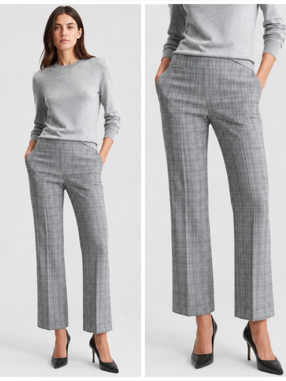 Avenue Montaigne Tailored Plaid Trouser Pants in Light Grey